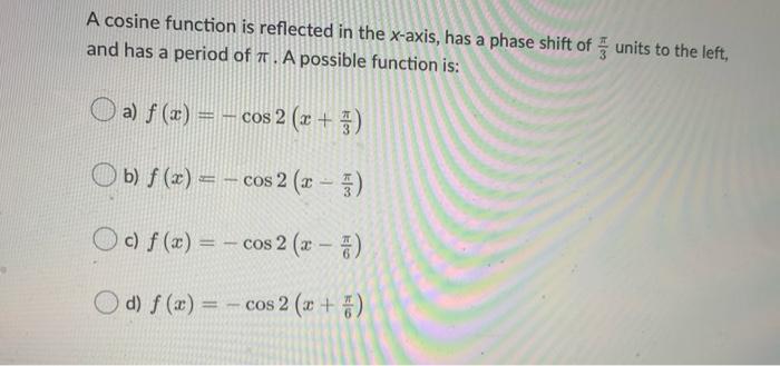 Solved A cosine function is reflected in the x-axis, has a | Chegg.com