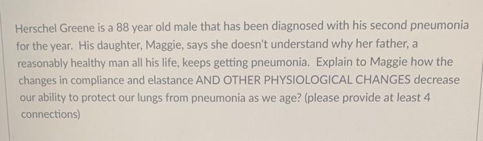 Herschel Greene is a 88 year old male that has been diagnosed with his second pneumonia for the year. His daughter, Maggie, s