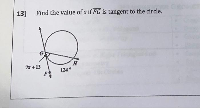 13) Find the value of x if FG is tangent to the | Chegg.com