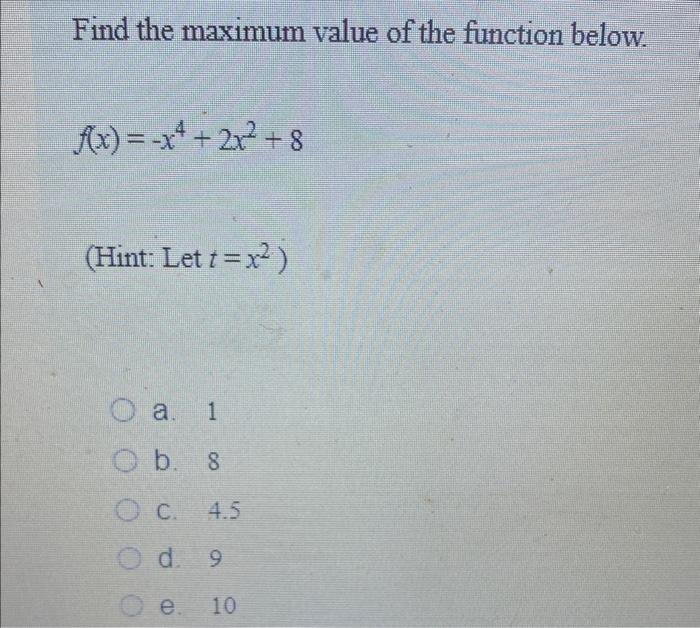 Solved Find The Maximum Value Of The Function Below. | Chegg.com