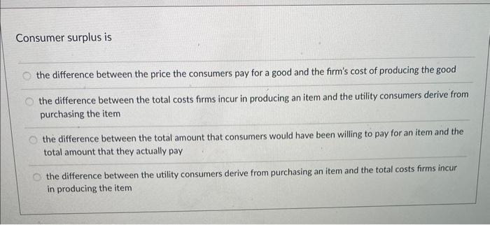 Solved Consumer surplus is the difference between the price | Chegg.com