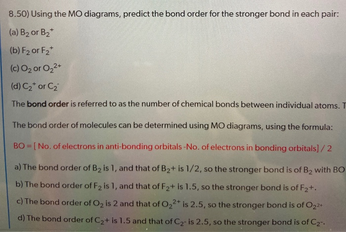 Solved 8.50) Using the MO diagrams, predict the bond order | Chegg.com