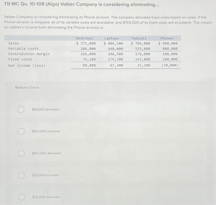 Solved Tb Mc Qu 10 108 Algo Valber Company Is Considering