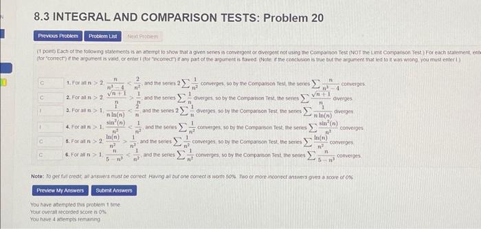 Solved 8.3 INTEGRAL AND COMPARISON TESTS: Problem 20 1. For | Chegg.com