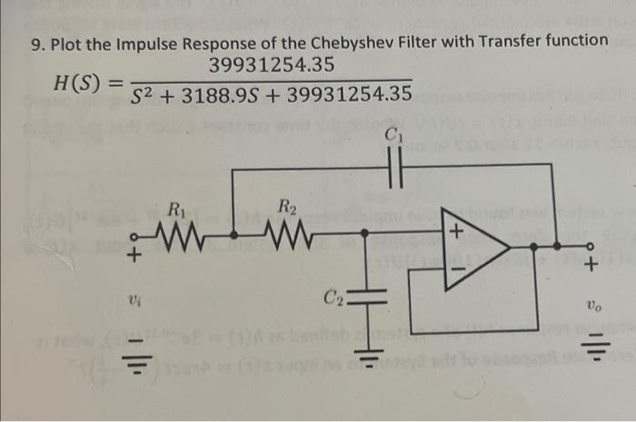 9. Plot the Impulse Response of the Chebyshev Filter with Transfer function
\[
H(S)=\frac{39931254.35}{S^{2}+3188.9 S+3993125