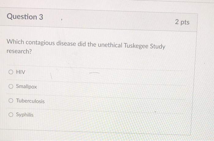 Solved Which contagious disease did the unethical Tuskegee | Chegg.com