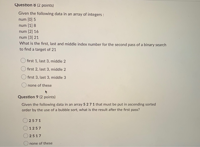 Solved Question 7 (2 points) Given the following data in an | Chegg.com