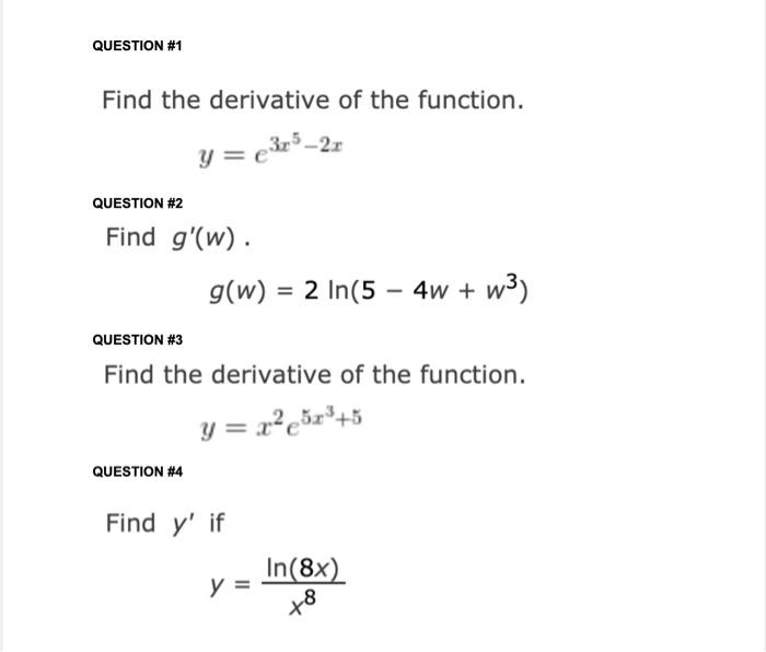 Solved QUESTION #1 Find the derivative of the function. | Chegg.com