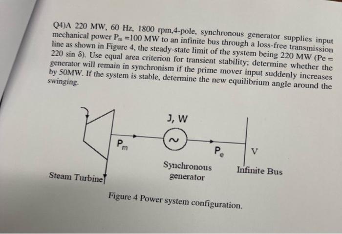 Solved Q4)A 220 MW, 60 Hz, 1800 rpm, 4-pole, synchronous | Chegg.com