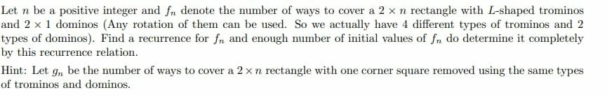 Solved Let n be a positive integer and fn denote the number | Chegg.com