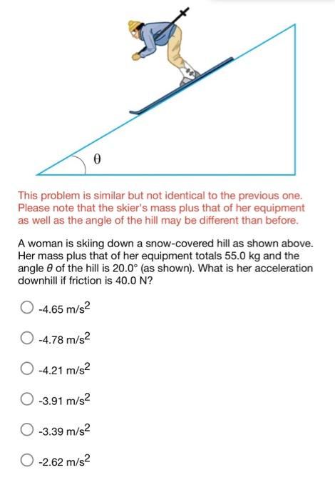 Force acting on a downhill skier. With W the weight of the skier, Fc