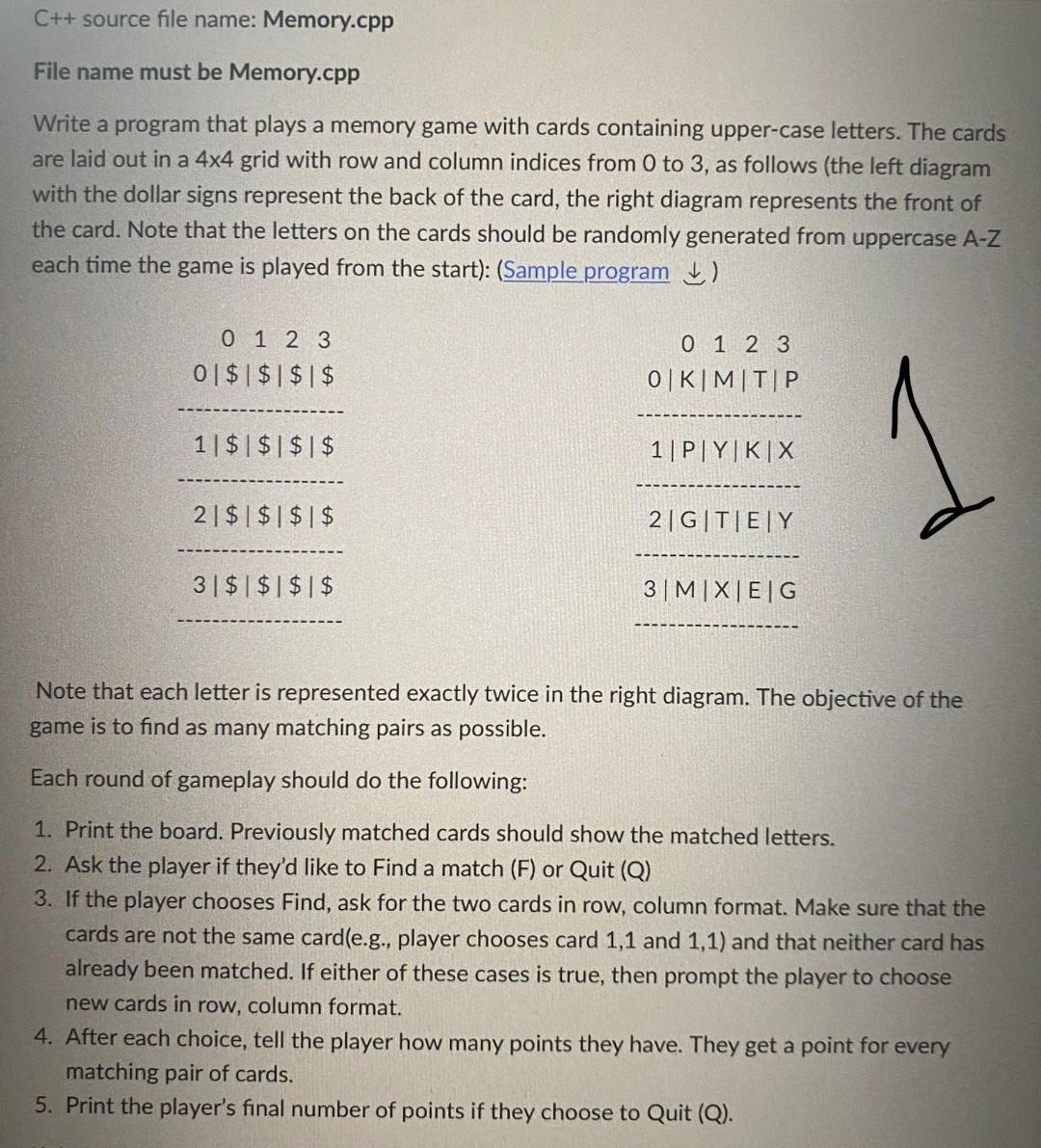 Solved C++ source file name: Memory.cpp File name must be | Chegg.com