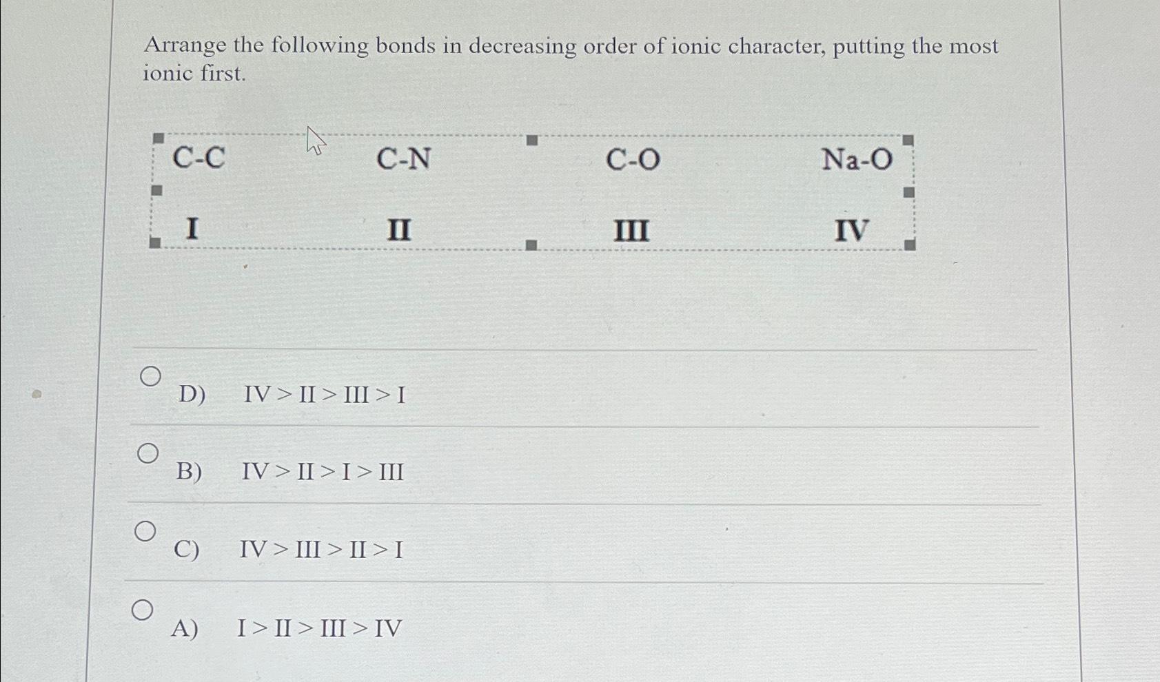 Solved Arrange the following bonds in decreasing order of | Chegg.com