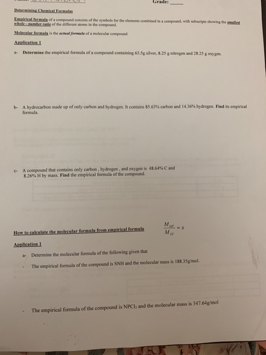 Solved: Grade: Determining Chemical Formulas. Empirical Fo... | Chegg.com
