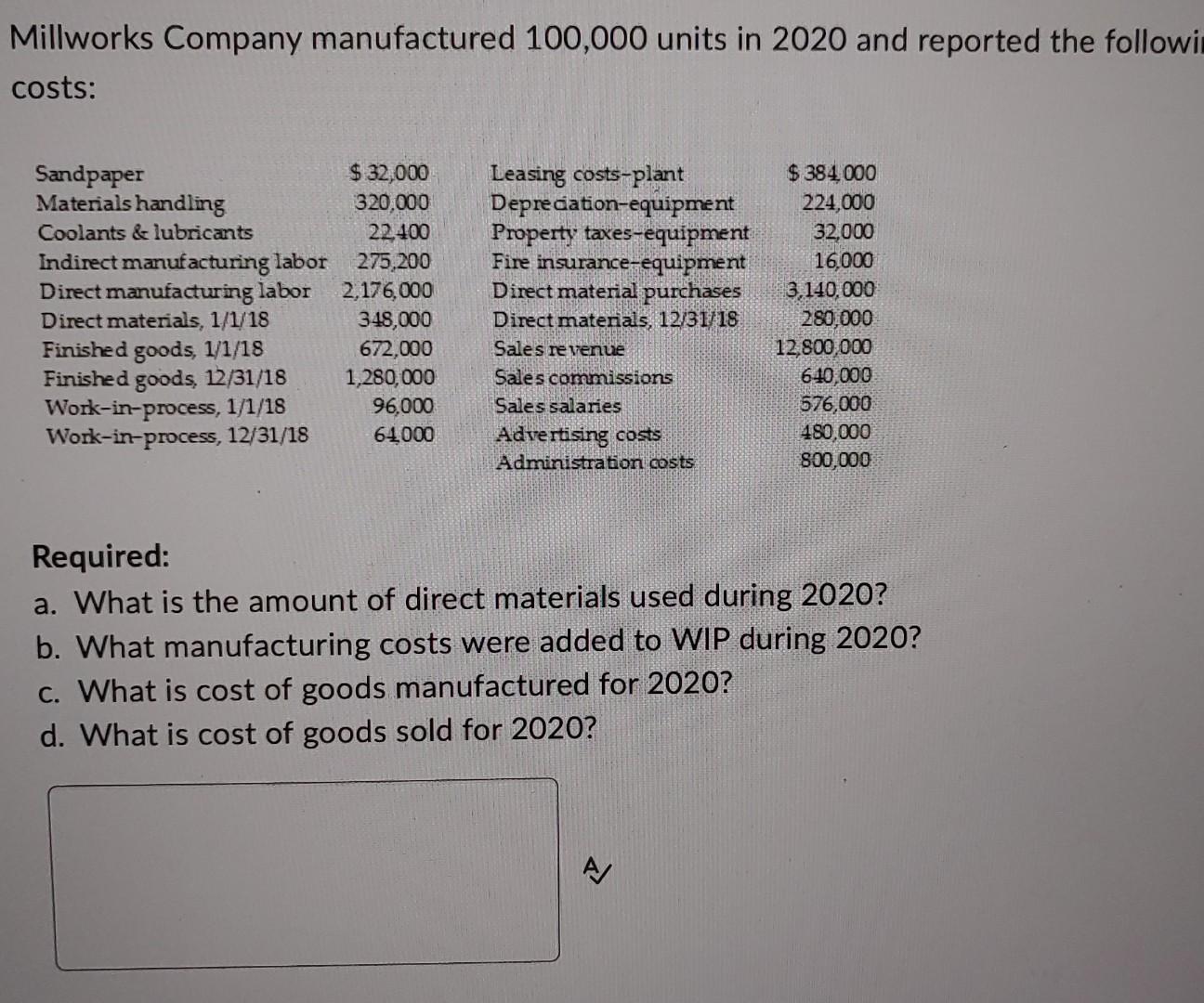 Solved Millworks Company manufactured 100,000 units in 2020