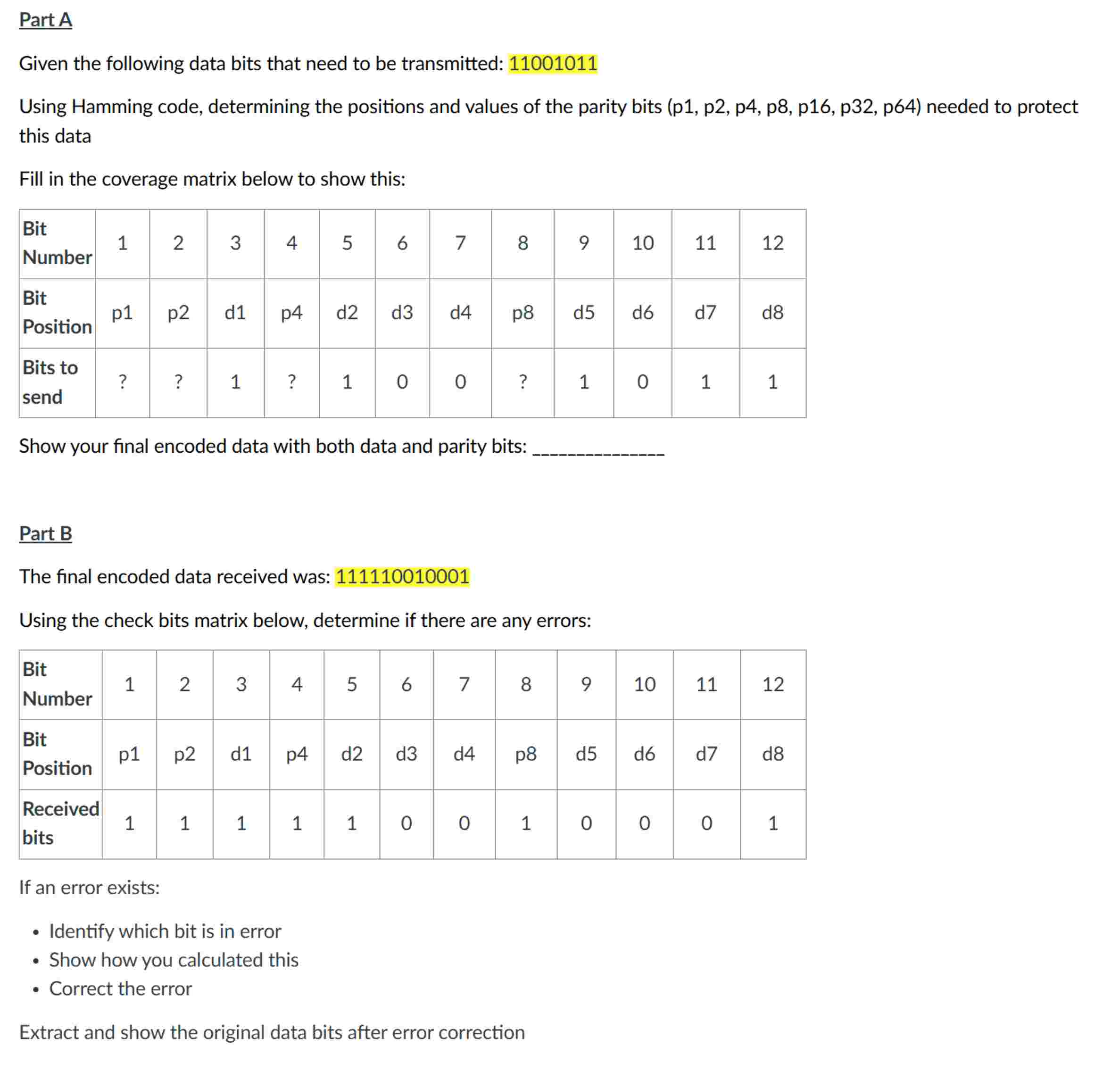 Solved Part AGiven the following data bits that need to be | Chegg.com
