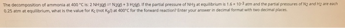 Solved The decomposition of ammonia at 400 °C is: 2 NH3(g) = | Chegg.com