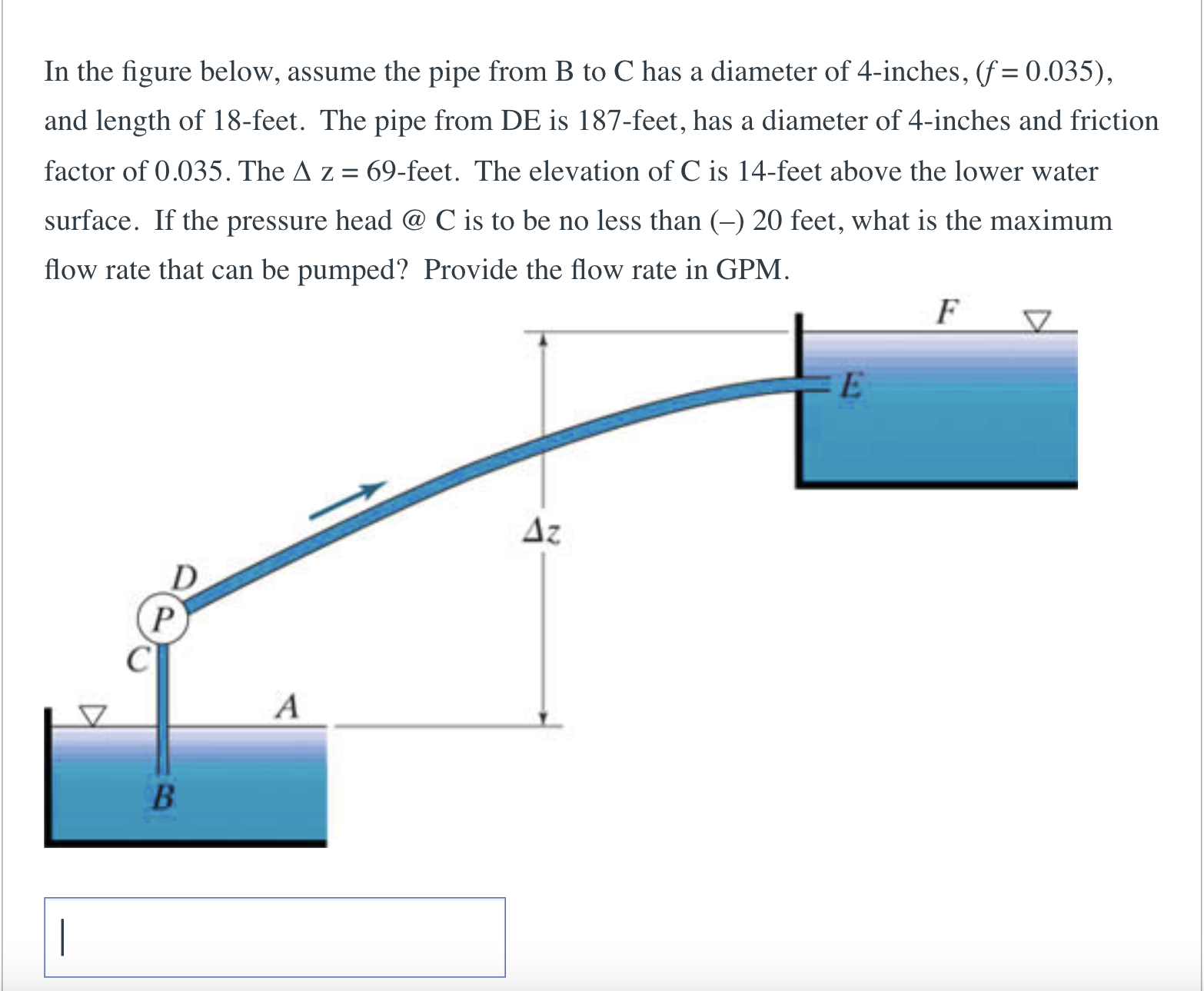 In the figure below, assume the pipe from B to C has
