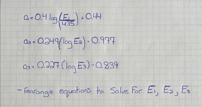 Q=0.4 109 (En.) +0.44 435 Qa = 0.249/log Ea) -0.977 Qs = 0.227 (log E3) -0.839 - Pearonge equations to solve For El, Es, Es