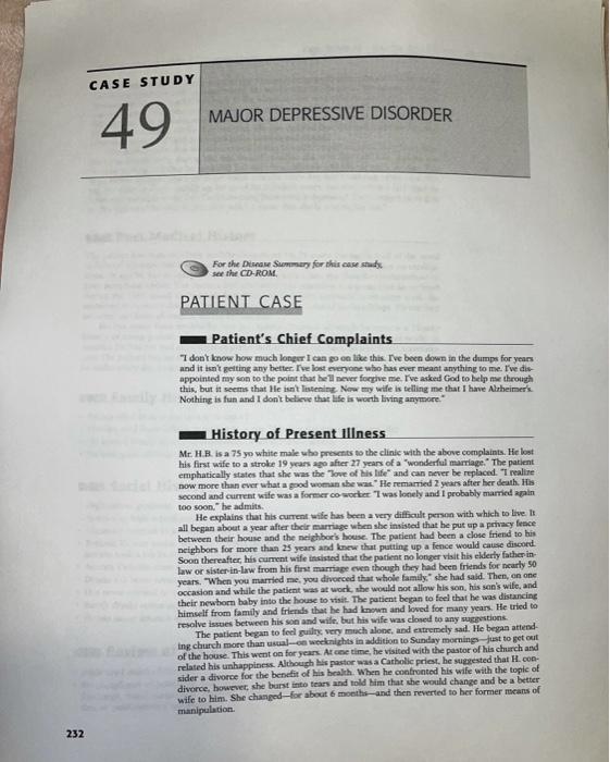 Solved CASE STUDY MAJOR DEPRESSIVE DISORDER 49 For the Di | Chegg.com