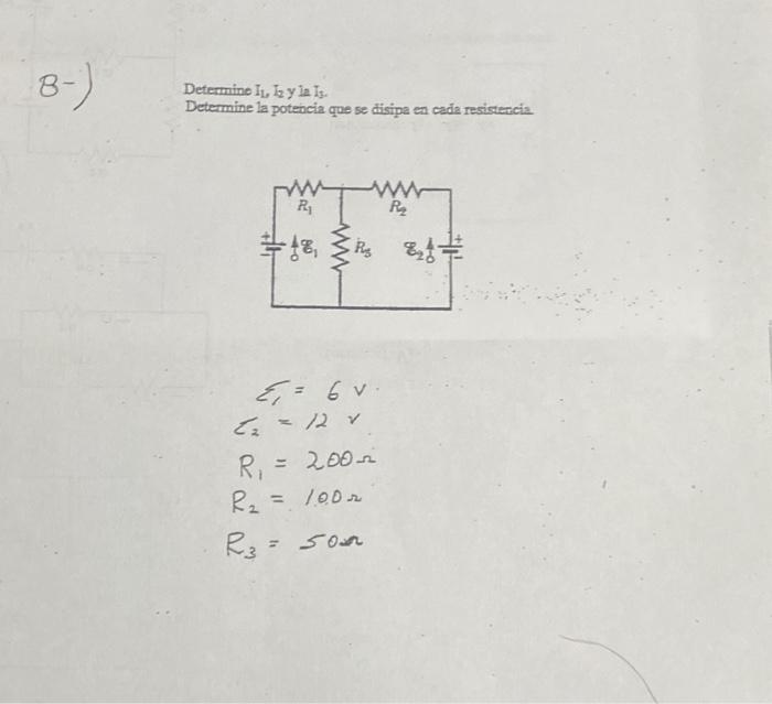 Determine \( I_{1}, I_{2} y \) ia \( I_{2} \). Determine la potencia que se disipa en cada resistercia \[ \begin{array}{l} R_