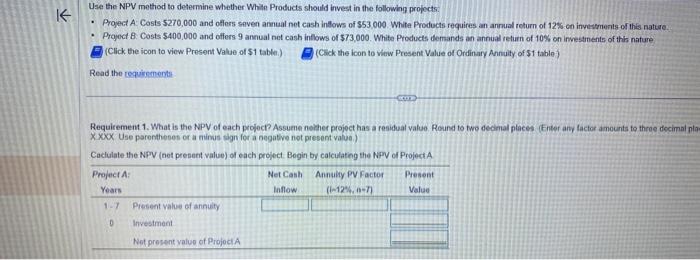 Use the NPV method to determine whether Whitn Products should invest in the following propocts:
- Project A: Costs 5270,000 a