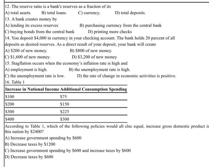 Solved 12. The reserve ratio is a bank's reserves as a