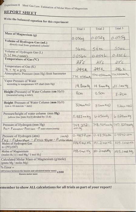 Solved experiment 8 Ideal Gas Law: Estimation of Molar Mass | Chegg.com