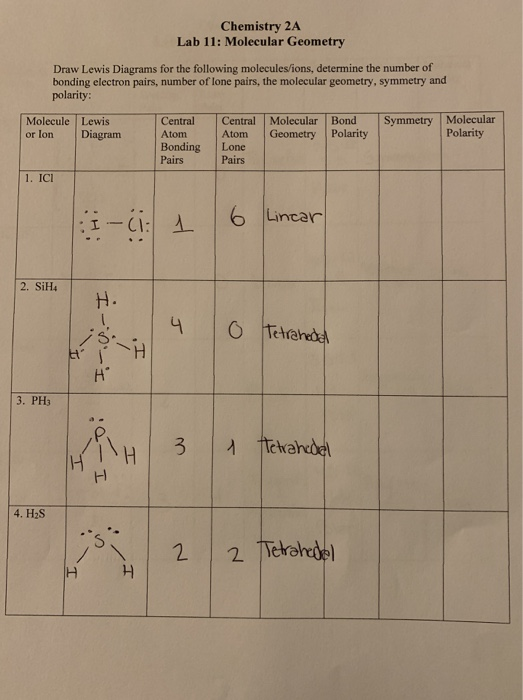 Solved Chemistry 2A Lab 11: Molecular Geometry Draw Lewis | Chegg.com