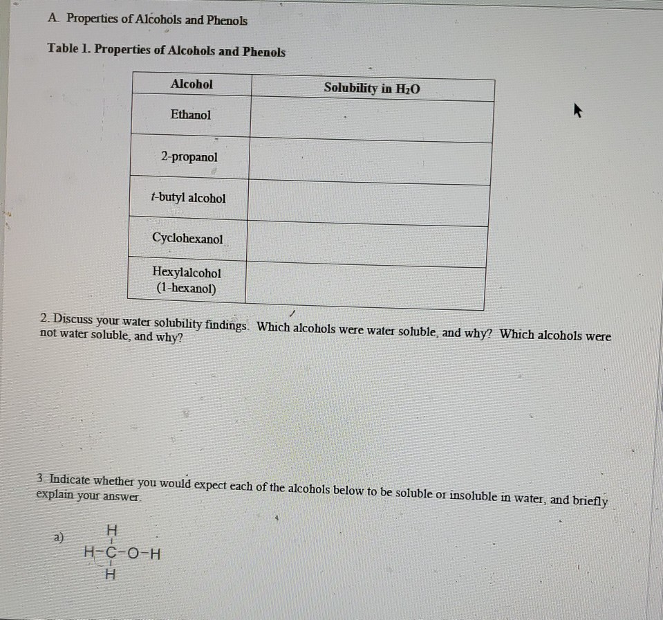 Solved A Properties of Alcohols and Phenols Table 1.
