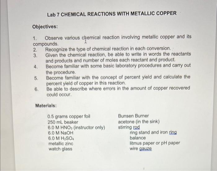 Solved Lab 7 CHEMICAL REACTIONS WITH METALLIC COPPER | Chegg.com