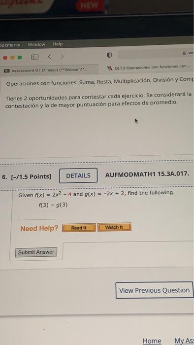 Dokmarks Window Help NEW WE Assessment 9.1 (7 mayo) (Webcam** QL7.2:Operaciones con funciones con... Operaciones con funcione