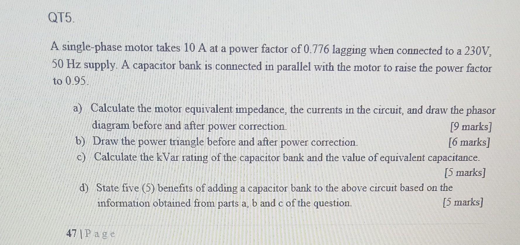 Solved A single-phase motor takes 10 A at a power factor of | Chegg.com