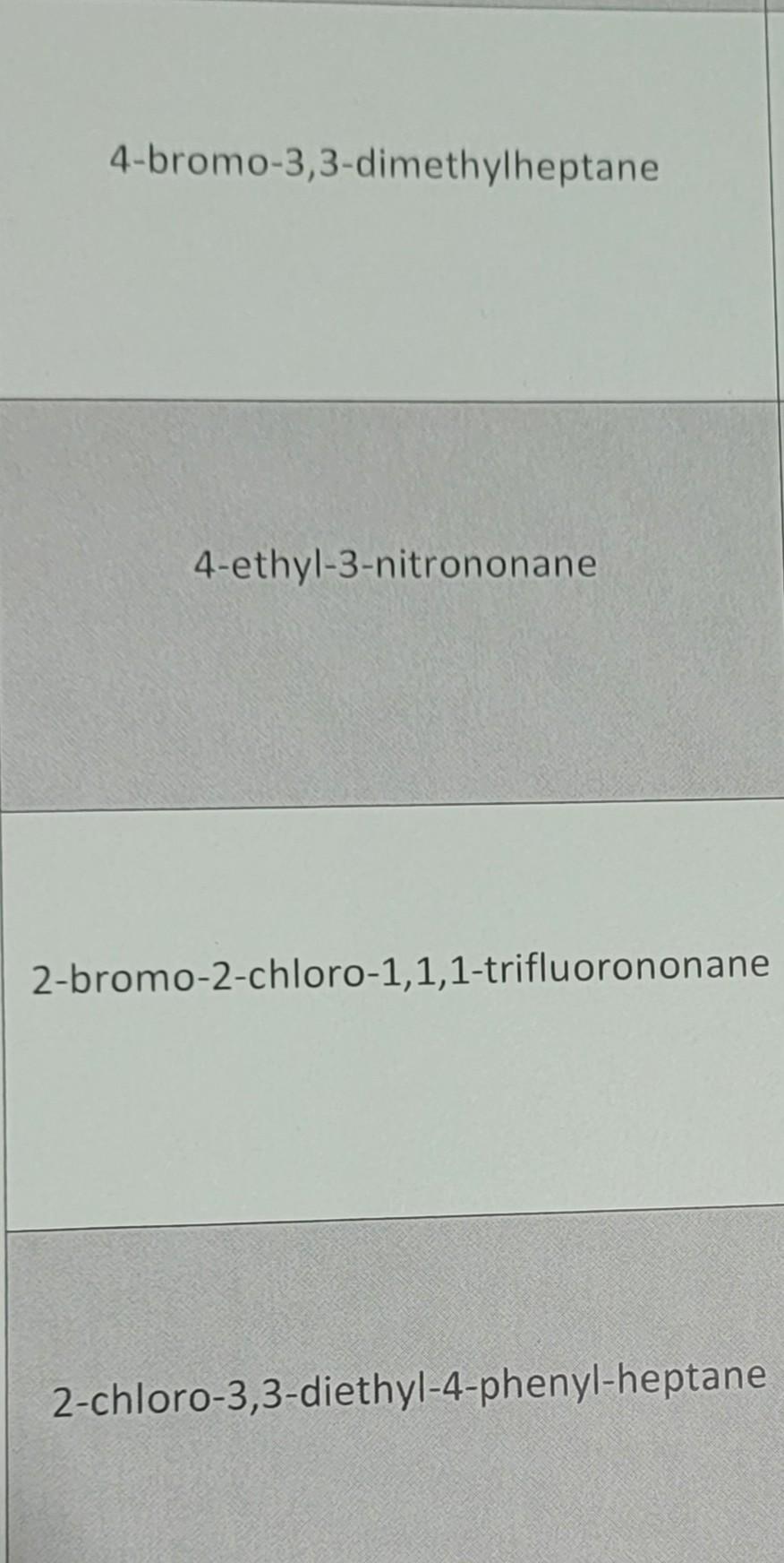 4-bromo-3,3-dimethylheptane
4-ethyl-3-nitrononane
2-bromo-2-chloro-1,1,1-trifluorononane
2-chloro-3,3-diethyl-4-phenyl-heptan