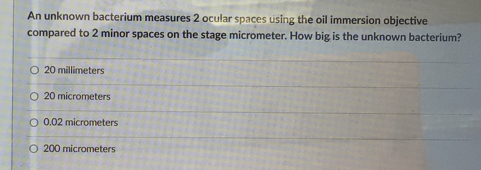 Solved An unknown bacterium measures 2 ﻿ocular spaces using | Chegg.com