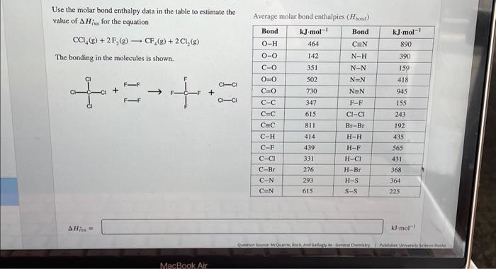Solved Use the molar bond enthalpy data in the table to | Chegg.com