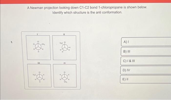 A Newman projection looking down C1-C2 bond 1-chloropropane is shown below. Identify which structure is the anti conformation