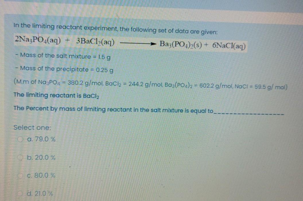 Solved In the limiting reactant experiment, the following