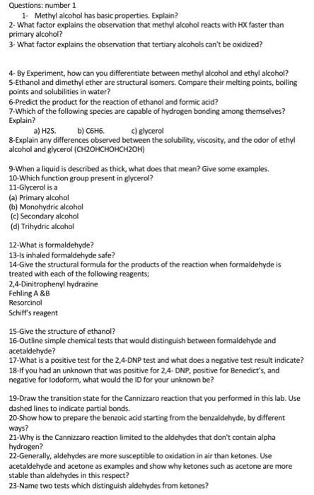 Solved Questions: number 1 1. Methyl alcohol has basic | Chegg.com