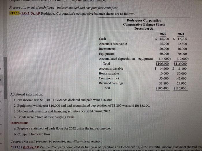 Solved Prepare statement of cash flows -indirect method and | Chegg.com