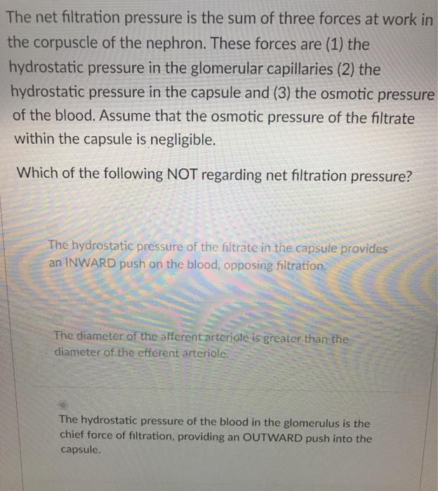 Solved The net filtration pressure is the sum of three