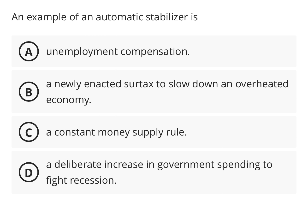 Solved An example of an automatic stabilizer isunemployment