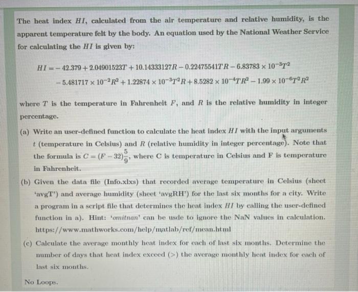 Solved The Heat Index HI, Calculated From The Air | Chegg.com