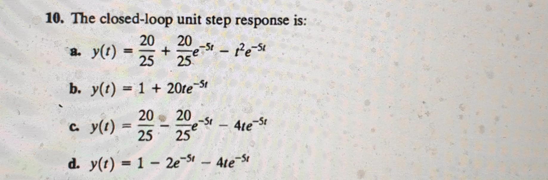 Solved 10. The closed-loop unit step response is: 20 2. y(0) | Chegg.com