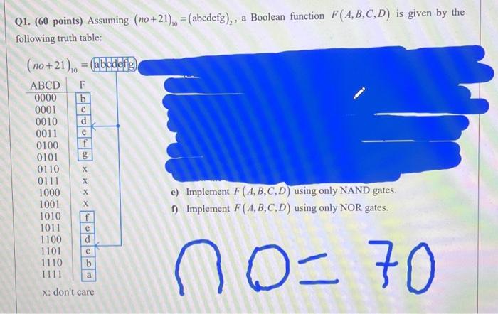 Solved Q1. (60 Points) Assuming (no+21)10=( Abcdefg )2, A | Chegg.com