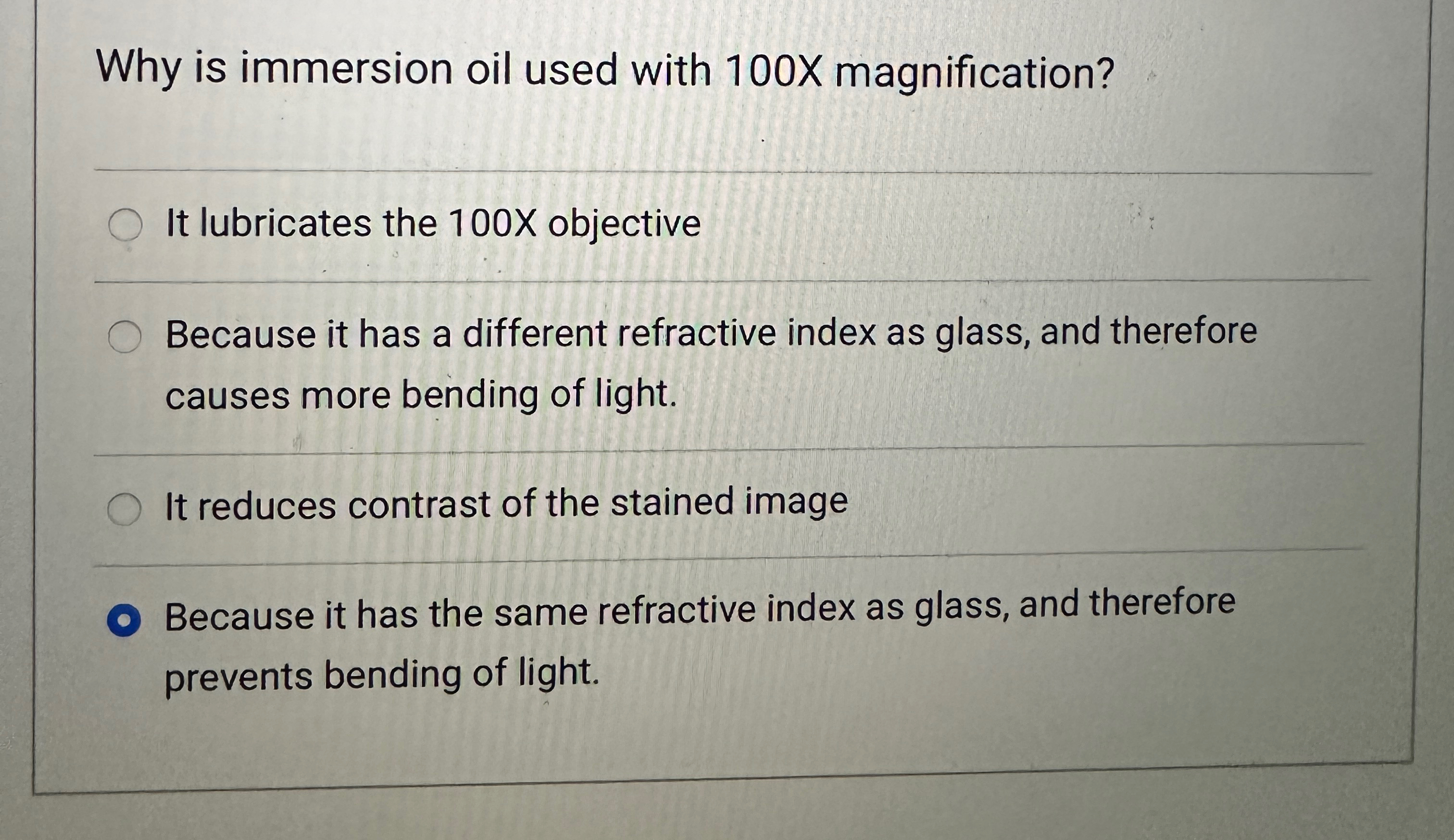 Solved Why is immersion oil used with 100x ﻿magnification?It | Chegg.com