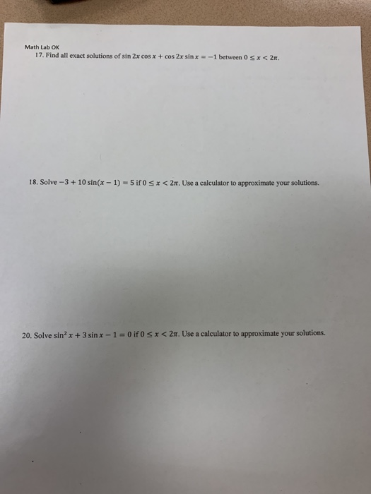 Solved Math Lab OK 17. Find all exact solutions of sin 2x | Chegg.com