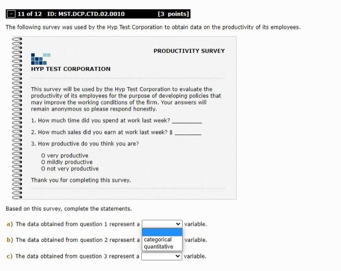 Solved PRODUCTIVITY SURVEY HYP TEST CORPORATION This survey | Chegg.com