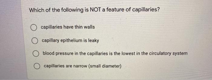Which of the following is NOT a feature of capillaries? O capillaries have thin walls O capillary epithelium is leaky O blood