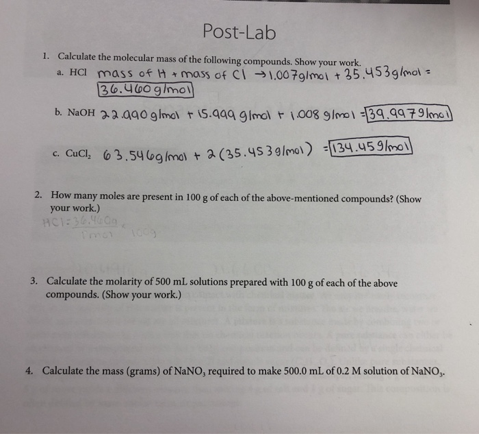 Solved Post Lab 1 Calculate The Molecular Mass Of The 5022